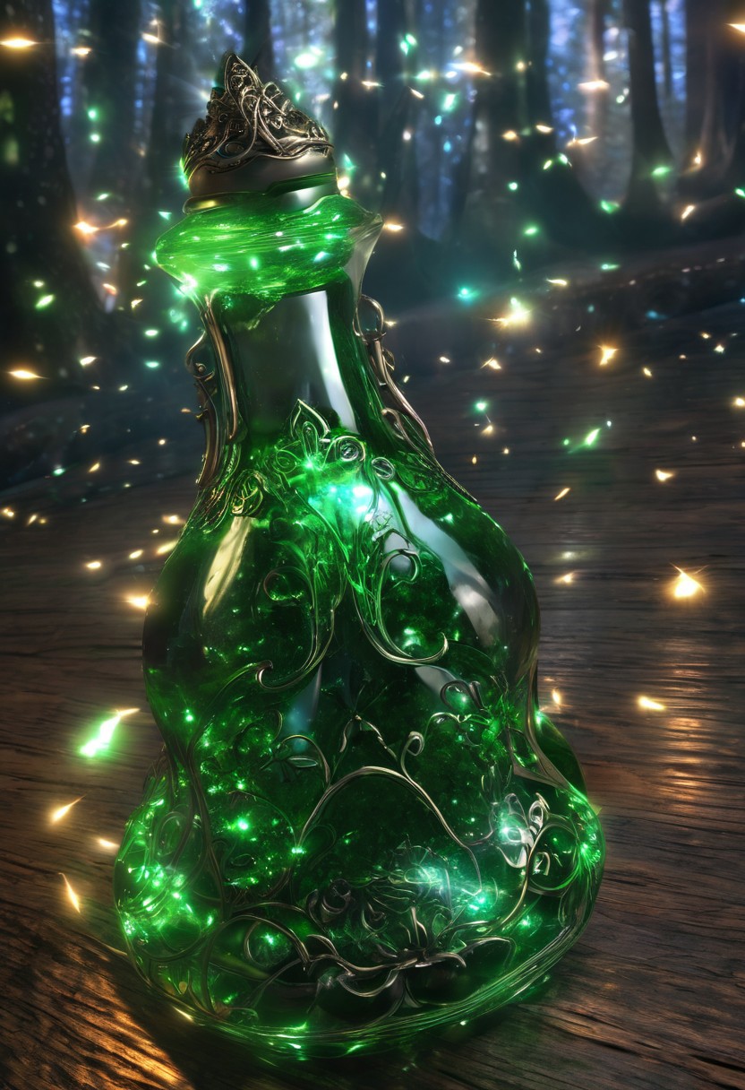 Score_9, Score_8, high_def, highest quality, 4k, best quality, masterpiece, focused, defined, Photorealistic magic potion, intricate glass bottle, elixir, neon silver, dark green colors, ethereal light, flashy lights, magic lights, luminous, dynamic reflections, magical aura, highly detailed, fantasy essence, glowing particles, radiant aura
