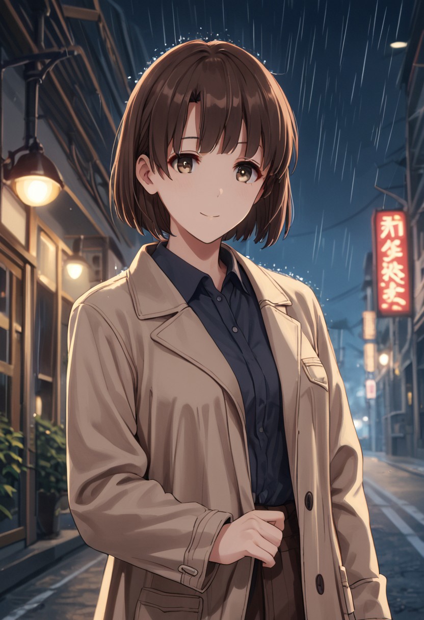 score_9, score_8_up, score_8, score_7_up, source_anime, 
1girl, katou megumi, Megumi <lora:KatoMegumi:1>,brown hair,katou megumi,brown eyes, medium breasts , short hair,   masterpiece, best quality, rainy day theme, urban street at night background, wearing a long trench coat (beige), holding a transparent umbrella, light raindrops falling, puddles reflecting neon signs, gentle smile, soft glow of streetlights, hair slightly damp, standing next to a café with warm interior light visible through the windows, cinematic lighting, moody and reflective atmosphere, close-up perspective, muted colors with pops of vibrant neon, depth of field