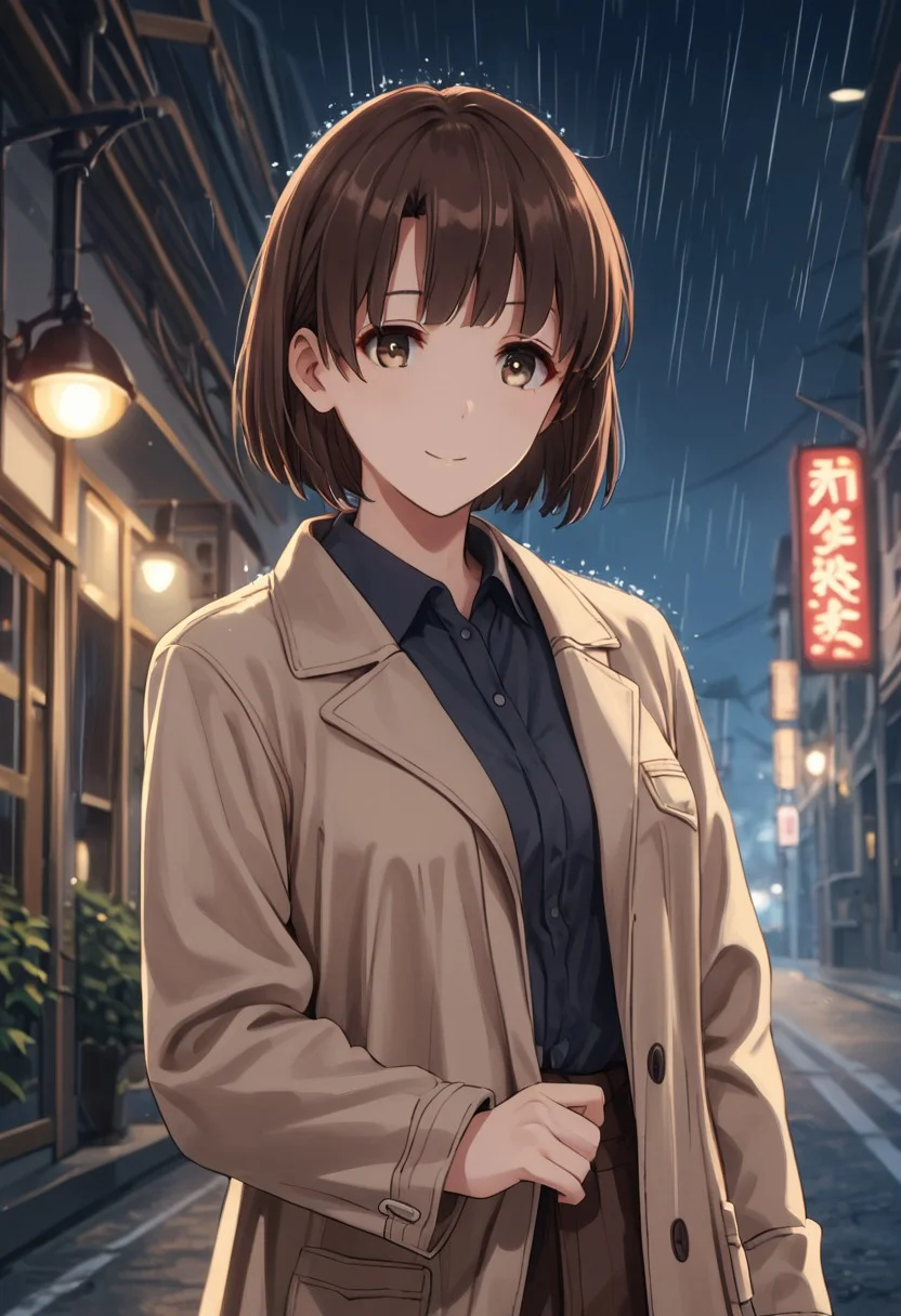 score_9, score_8_up, score_8, score_7_up, source_anime,
1girl, katou megumi, Megumi <lora:KatoMegumi:1>,brown hair,katou megumi,brown eyes, medium breasts , short hair, masterpiece, best quality, rainy day theme, urban street at night background, wearing a long trench coat (beige), holding a transparent umbrella, light raindrops falling, puddles reflecting neon signs, gentle smile, soft glow of streetlights, hair slightly damp, standing next to a café with warm interior light visible through the windows, cinematic lighting, moody and reflective atmosphere, close-up perspective, muted colors with pops of vibrant neon, depth of field