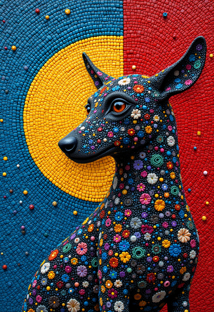 aidmafluxpro1.1,

A masterpiece of (zen pet) style created by the collaboration of Jackson Pollock and Jean Giraud.

The main objects in the image are composed of different materials. The right side of the main object is made of beads, while the left side retains its original material.,HD32K,hyperdetailed,best quality,