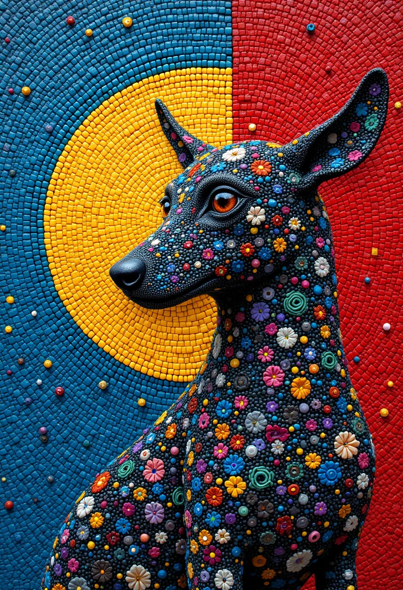 aidmafluxpro1.1,
A masterpiece of (zen pet) style created by the collaboration of Jackson Pollock and Jean Giraud.
The main objects in the image are composed of different materials. The right side of the main object is made of beads, while the left side retains its original material.,HD32K,hyperdetailed,best quality,