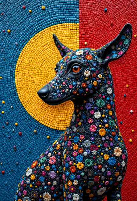 aidmafluxpro1.1,
A masterpiece of (zen pet) style created by the collaboration of Jackson Pollock and Jean Giraud.
The main objects in the image are composed of different materials. The right side of the main object is made of beads, while the left side retains its original material.,HD32K,hyperdetailed,best quality,
