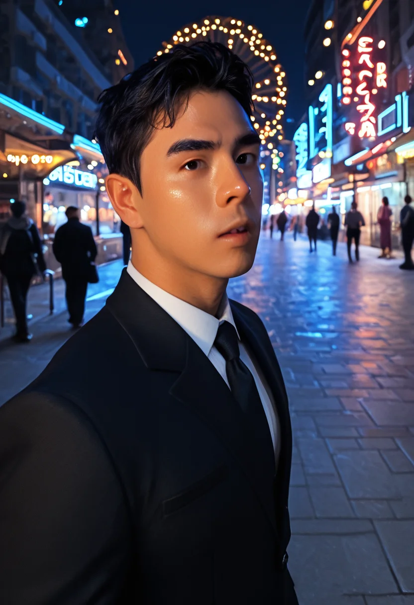 <lora:AsianGuy:0.8>, AsianGuy, (neal:1.5), masterpiece, ultra-HD, cinematic lighting, photorealistic, (impressionism:1.5), high detail, depth of field, (blurred background), (dramatic lighting),masterpiece, best quality, very aesthetic,8k,masterpiece, best quality, realistic, masterpiece, best quality, 8k, breeze style, short hair,<lora:add_detail:1>, ((aesthetic_male_form:1.2, light skin)), (focus male),
<lora:Breez_Style:0.75>, breeze style, shiny skin, fair skin, smooth skin, dynamic view,<lora:PenisQuiron_illus:0.8>, (high quality:1.2), wallpaper, absurdres, (very detailed:1.2), Expressiveh, realistic, side angle view, 1man, solo, male focus, 18 years old, full body, perfect face, muscular boy, thick thigh, bulgerk-soft, black Suit, standing, moaning, night, neon building lights, submissive, cinematic light, <lora:Expressive_H:1>