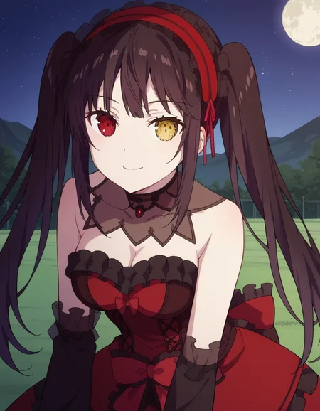 score_9, score_8_up, score_7_up, source_anime,
kurumitokisaki, <lora:kurumi-tokisaki-movie-ponyxl-lora-nochekaiser:1>,
kurumi tokisaki, black hair, red eyes, long hair,
twintails, yellow eyes, hairband, heterochromia, dress, red dress, bare shoulders, collarbone, choker, bowtie, red bowtie, detached sleeves, corset, frills, cleavage,
outdoors, landscape, night, moon, bent over, smile,
solo, dutch angle, looking at viewer, cowboy shot,