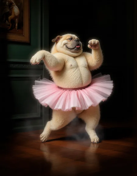Rembrandt style full body shot of <lora:funnys:1>, This is a high-resolution, CGI-rendered photograph of a fluffy, tan and white pug dog dressed in a ballet tutu. The dog is depicted mid-ballet pose, with one paw raised elegantly in the air, and the other firmly planted on the floor. The tutu is a soft, pastel pink, adding a whimsical and playful element to the image. The dog's fur is meticulously detailed, showcasing its fluffy texture and the intricate patterns of its fur, including the distinctive markings on its face., The background features a dark green wall with elegant wainscoting, adding a classic and sophisticated atmosphere to the scene. On the wall to the left, there is a framed photograph of another dog, which adds to the whimsical and humorous theme of the image. The floor is made of polished, dark wooden planks, which contrast with the light colors of the dog and tutu. The overall composition and lighting create a warm and inviting environment, emphasizing the playful and humorous nature of the scene. The image captures the essence of a dog's natural grace and charm, combined with a whimsical, human-like pose and attire, making it a humorous and endearing portrayal.. Whole outfit, clear, sharp, balanced . Baroque, chiaroscuro, realistic, emotional, "flat lighting