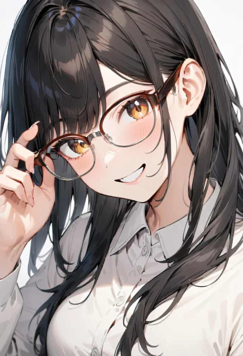 masterpiece, best quality, very aesthetic, absurdres,
1girl, solo, black hair, long hair,
sirmont16A, glasses,
collared shirt, happy, smile, looking at viewer, adjusting eyewear, white background, simple background,
<lora:glasses_sirmont2_SDXL_V1:1>