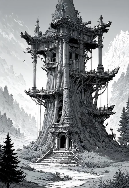 score_9, score_8_up, score_7_up, masterpiece, landscape, old forest, gnarled trees, grass, ancient houses, dilapidated buildings, shacks, witch houses, buildings, sun, epiCPhoto, long shadows, eerie
