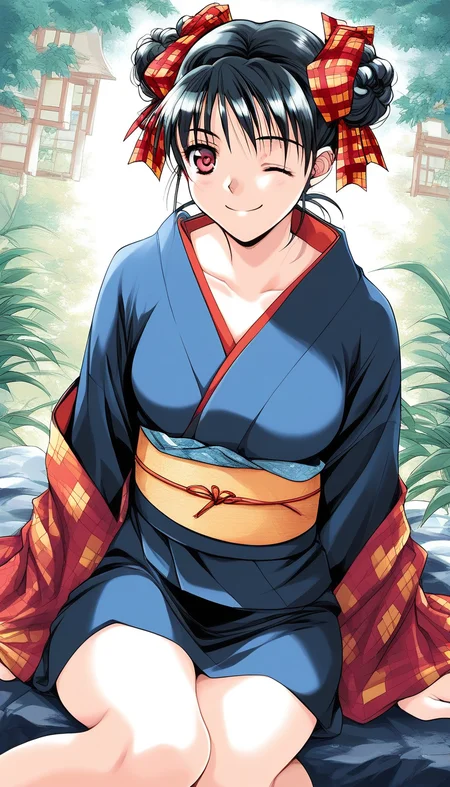 score_9, score_8_up, score_7_up, source_anime, rating_explicit, BREAK  <lora:Narusawa_Yui_XL:1> NarusawaYui, black hair, double bun, hair ribbon, plaid ribbon, medium breasts, red eyes, 
1girl, solo, japanese clothes, one eye closed,  kimono,  smile, sitting, pink eyes, red long sleeves,