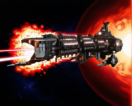<lora:Apocalypse-class_Battleship_Illustrious:1.1>,Apocalypse-class Battleship, space battle, laser fire, explosions, dynamic composition, game render, cinematic lighting, epic sci-fi, high detail, sun,
,masterpiece,best quality,amazing quality