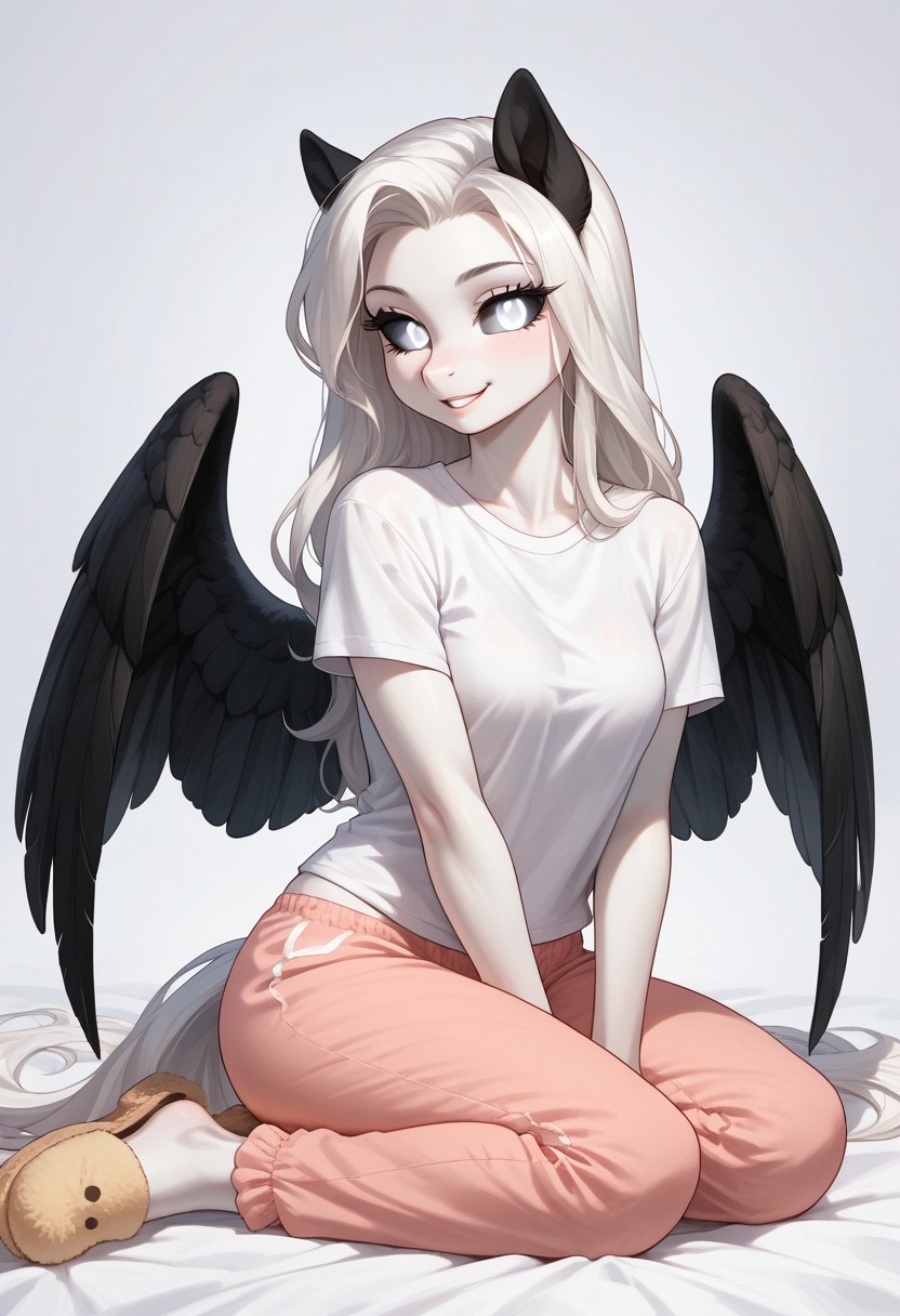 score_9, score_8_up, score_7_up, score_pony,
BREAK
Albina, 1girl, wild pony, pony, white fur, (white long hair:1.2), black sclera, white eye, (glowing white eyes:1.4), (black wings:1.1), (black ears:1.1), 
General
anthro long hair white body white skin smile upper body athletic black T-shirt  female upper body view sitting in a gaming chair legs crossed pajamas pants slippers cozy bedroom