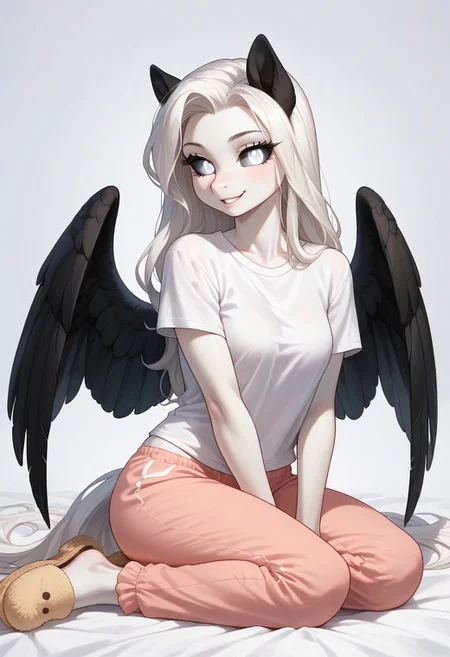 score_9, score_8_up, score_7_up, score_pony,
BREAK
Albina, 1girl, wild pony, pony, white fur, (white long hair:1.2), black sclera, white eye, (glowing white eyes:1.4), (black wings:1.1), (black ears:1.1),
General
anthro long hair white body white skin smile upper body athletic black T-shirt female upper body view sitting in a gaming chair legs crossed pajamas pants slippers cozy bedroom