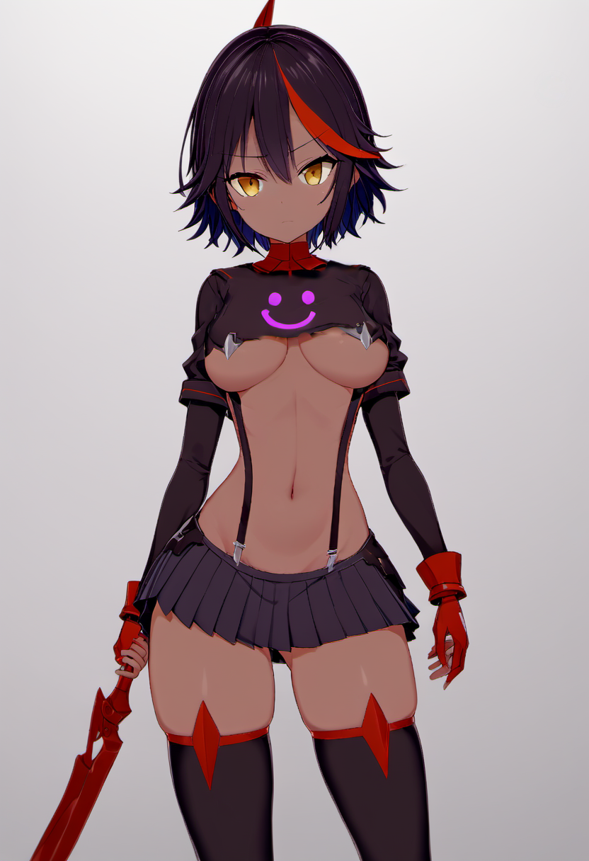 rating: sensitive,   (<lora:Tsuneyo_Tojo:0.9>, dark skin, golden eyes, blunt bangs, emotionless, purple smiley face on shirt) hybrid with (<lora:Matoi_Ryuuko_SDXL:0.9>,1girl, matoi ryuuko, senketsu, scissor blade, solo, breasts, short hair, navel, suspenders, skirt, underboob, holding weapon, thighhighs,  revealing clothes, holding, medium breasts, two-tone hair, boots, white background, streaked hair, looking at viewer, closed mouth, thigh boots, simple background, hair between eyes, standing, holding sword, black pleated microskirt, bangs), masterpiece, best quality