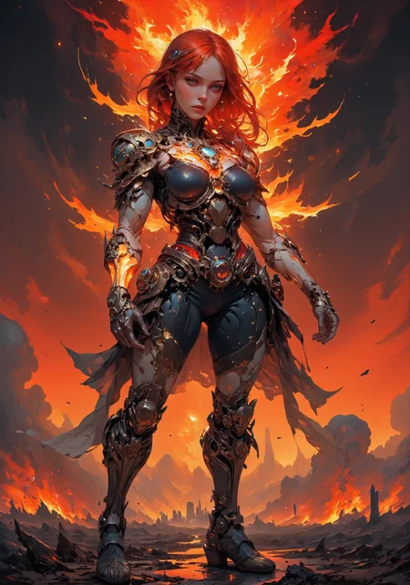 A fierce, armored woman with glowing red eyes, engulfed in flames, stands in a post-apocalyptic battlefield. Her red hair flows with the heat of the fire surrounding her, while her black and crimson futuristic armor pulses with energy. She clenches her fists, and flames burst out from her body, igniting the ground beneath her. The sky above is dark and filled with swirling ash, and debris floats through the air as she prepares for battle. The camera tracks her from a low angle, slowly zooming in on her face as her eyes burn brighter. As the scene intensifies, a wave of fire erupts from her, engulfing everything in its path. More: The scene takes place during a fiery sunset, with a dark red sky. Embers float in the air, creating a tense and dramatic atmosphere. Intense lighting highlights her armor and the fire, emphasizing her power.
 <lora:DarksunRIDDV3:0.6> <lora:flux_hyperkraximalism-crazy:0.6> <lora:Midjourney_-_SemiReal_Dreams_FLUX_LoRA:0.6> <lora:CPA:0.6> <lora:BLUE_mk4_angel_FLUX_01:0.6> <lora:BioInk2FLUX:0.6>