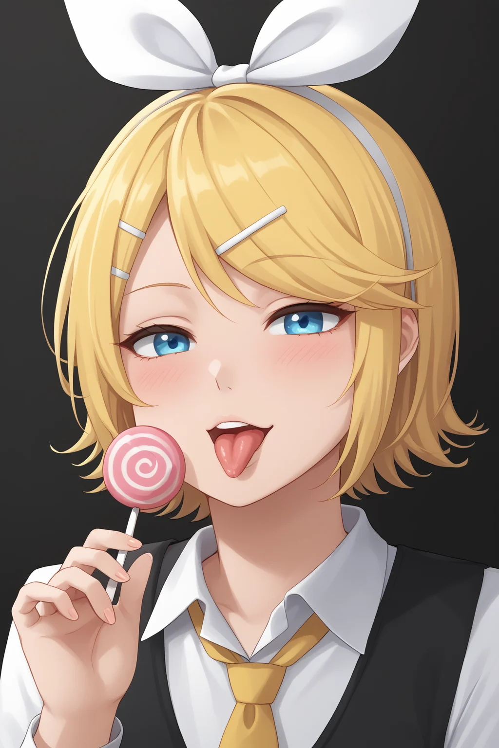 zPDXLpg, 1girl, solo, half-closed eyes, blush, tongue out, eating lollipop, licking lollipop, seductive, upper body, focus face,
<lora:rin-kagamine-ponyxl-lora-nochekaiser:1> rin kagamine, blonde hair, blue eyes, hair bow, short hair,, <lora:hand 4:1> Hand, five fingers,,