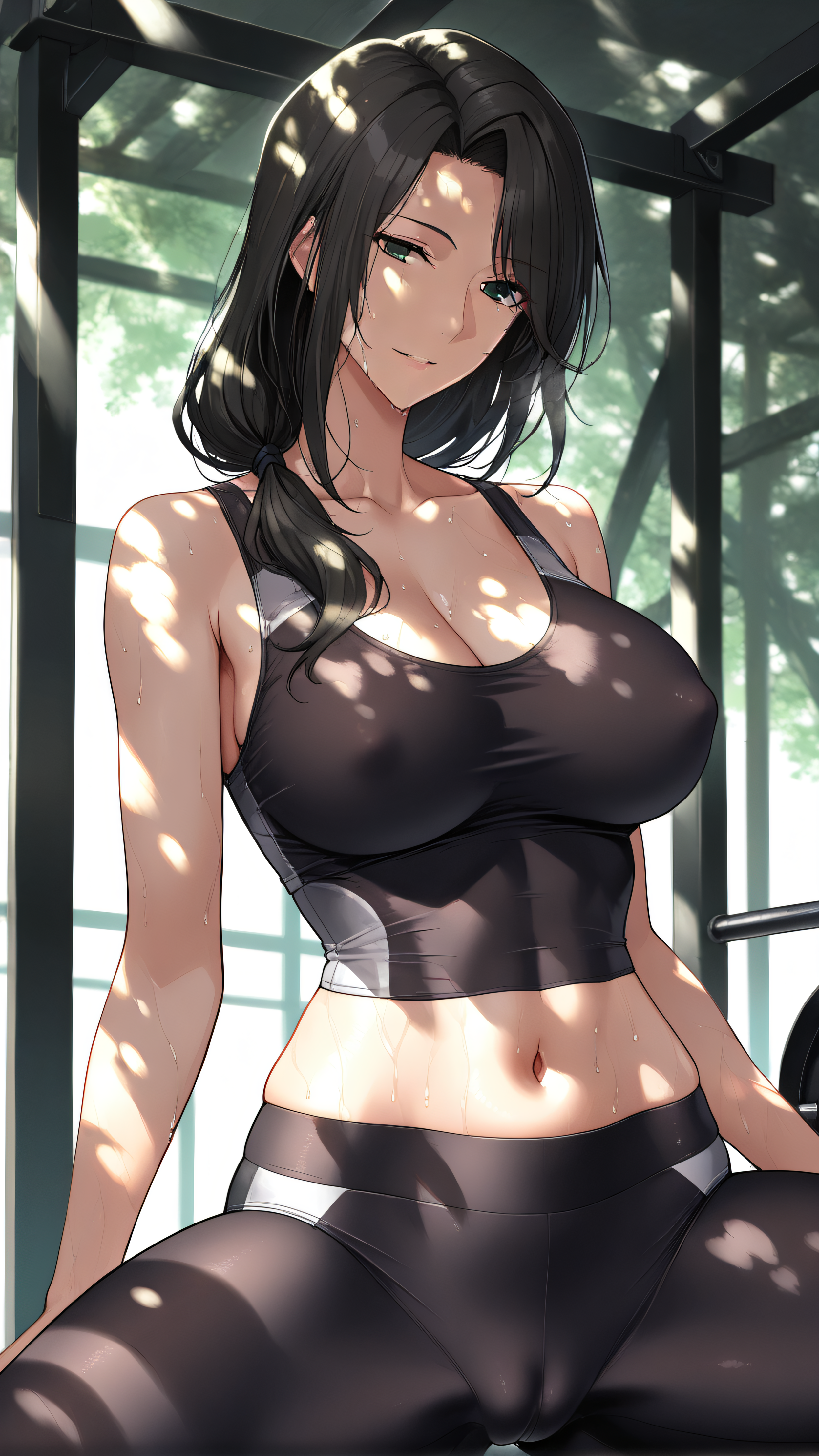 masterpiece, best quality, amazing quality,hatching_\(texture\)),flat color,sketch,detailed lighting,dappled sunlight
1girl,(mature female:1.4), black hair  green eyes, long hair,  hair over shoulder, bangs,scrunchie,angelic smile,cowboy shot, 




black yoga pants ,  Covered nipples , see through,sweating,    navel  , in a gym  low angle , spread legs, Squatting,dambell , training equipment, barbell, indoor, abduction training, cameltoe,