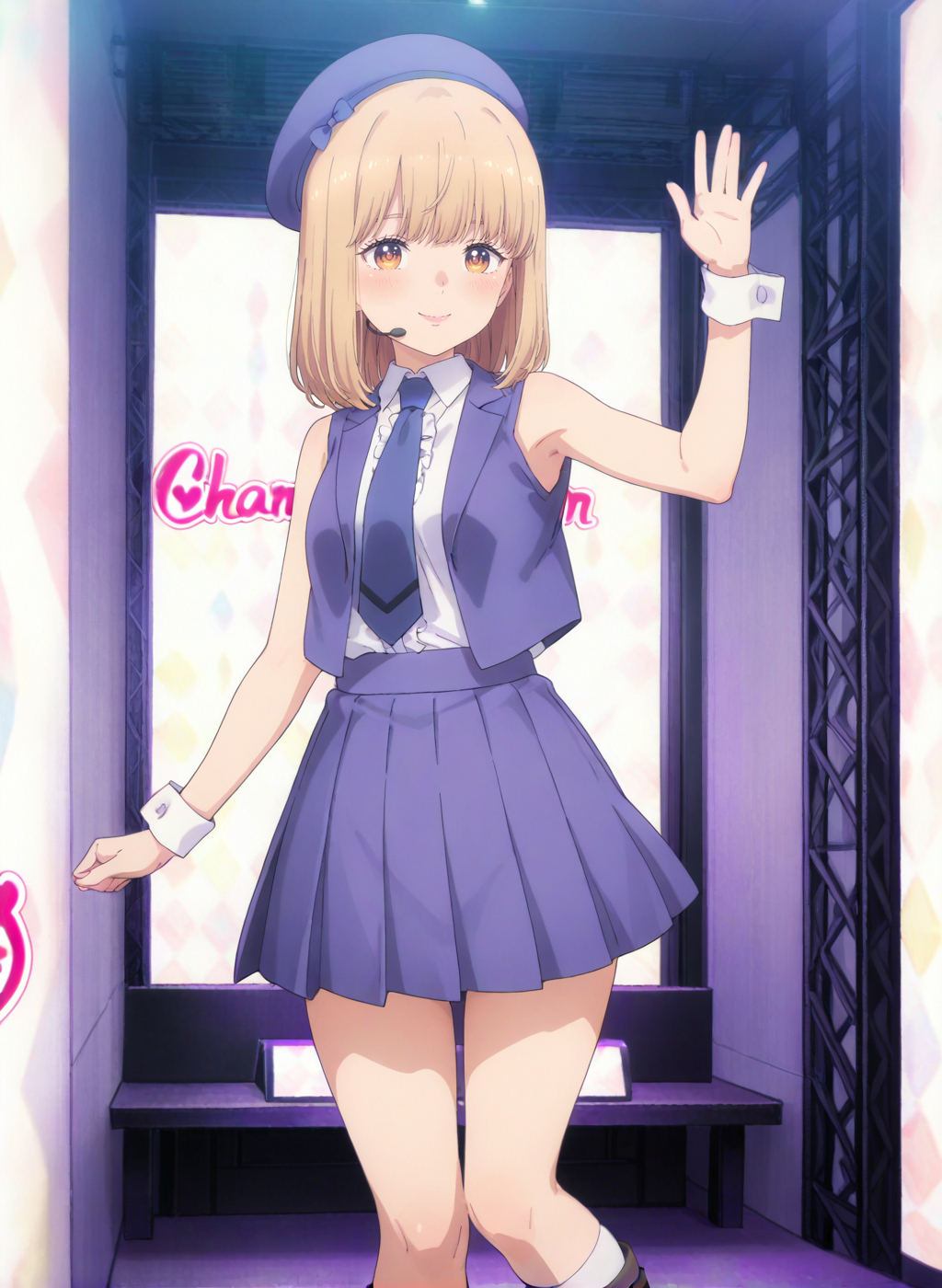 High quality,Ultra detailed,best quality,insanely detailed,beautiful,masterpiece,absurdres,very aesthetic,sensitive BREAK
1girl,solo,<lora:mizumori_yumeri_V1_IL:1>,(mizumori_yumeri, blonde hair, medium hair, brown eyes,bangs, small breasts,),(idol,wrist cuffs,sleeveless,beret,blue necktie,white socks,pleated skirt,shirt,vest,boots),oshi ga budoukan itte kuretara shinu,looking_at_viewer,posing,smile,indoors,<lora:chamjam_stage_V1_IL:1>,stage,chamjam_stage,headset,