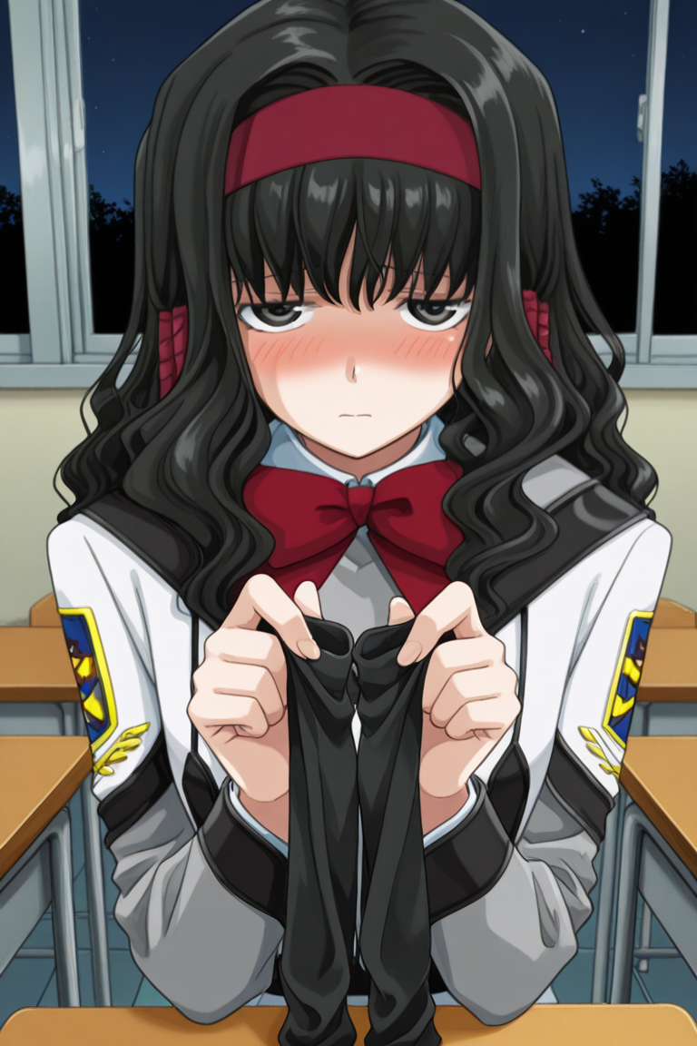 masterpiece, best quality, source_anime,official art,perfect_anatomy,1girl,Moe_Ishizu,black hair,black_eyes,long hair,hairband,school_uniform,(face_focus,beautiful detailed face,blush,shy),upper_body,(Offering removed socks to viewer:1.2),night,classroom