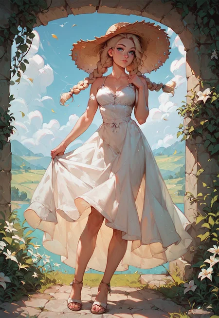 safe_pos, score_9, score_8_up, score_7_up, score_6_up, 1girl, braids, blonde hair, blue eyes, looking at viewer, full body, white summer dress, straw hat, green fields, sunshine, slight smirk, MiraBelle666