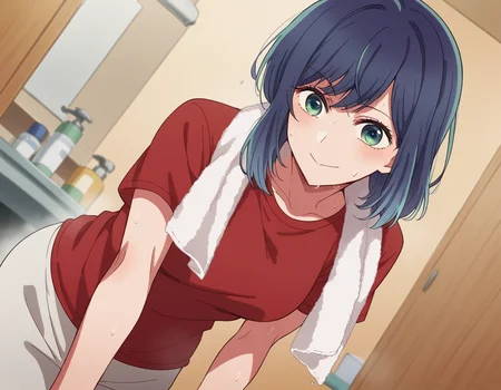 score_9, score_8_up, score_7_up, source_anime,
akanekurokawa, <lora:akane-kurokawa-s1-ponyxl-lora-nochekaiser:1>,
akane kurokawa, bangs, green eyes, blue hair, medium hair, dark blue hair,
shirt, short sleeves, towel, t-shirt, red shirt, towel around neck, sweat pants, white towel,
indoors, bent over, smile,
looking at viewer, cowboy shot, dutch angle, solo,