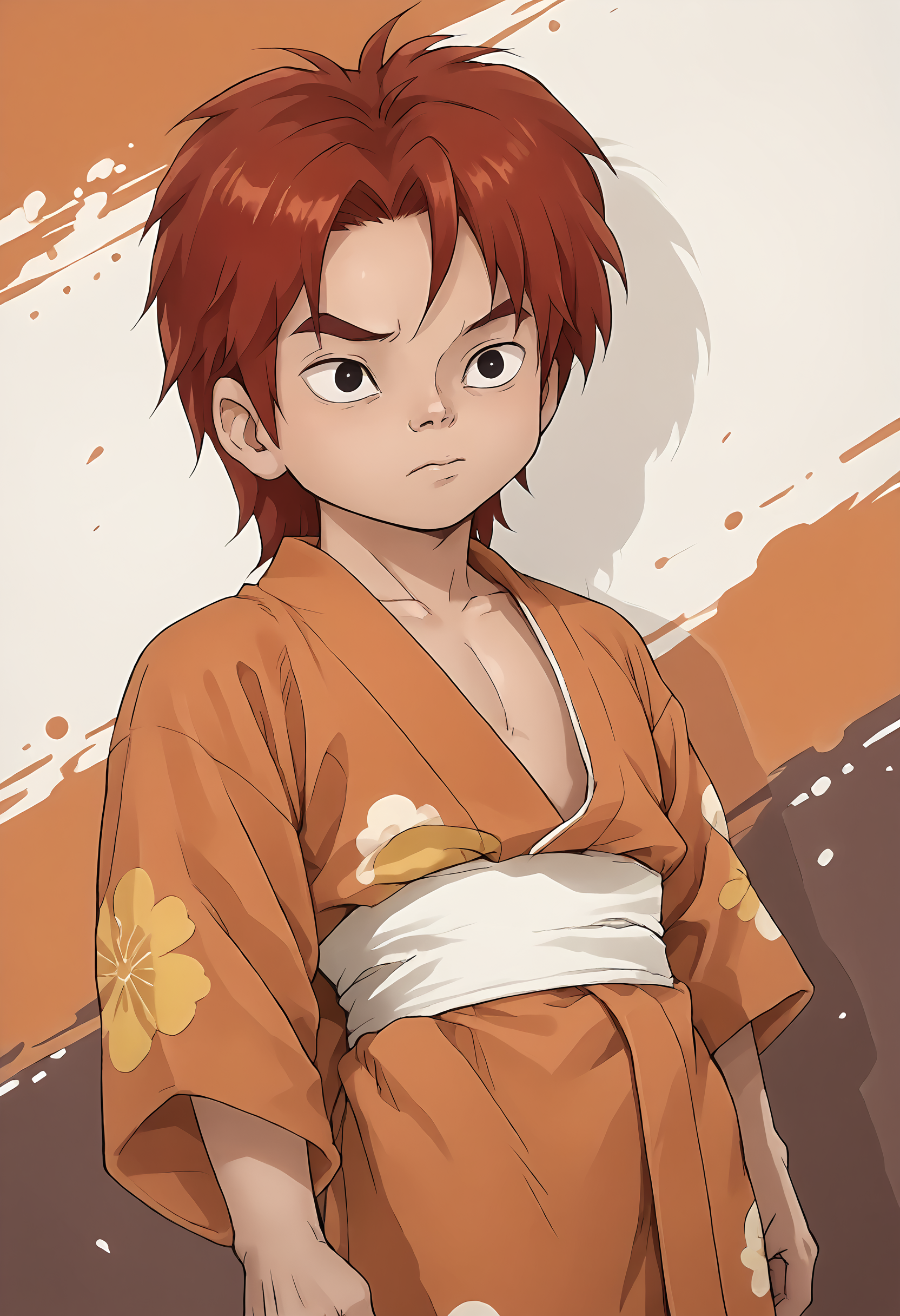 score_9, score_8up, score_7up, score_6up, score_5up, score_4up, dynamic angle, dutch angle, abstract background, source_cartoon, rating_safe, BREAK
solo, male, cro_magnon, red hair, black eyes, kimono, yukata, japanese clothingBREAK
 <lora:Cro_the_Cro-Magnon_-_Cro_-_PDXL:1>, <lora:koyama01rw:.8> <lora:VonBoche_-_Style:.8> vonboche