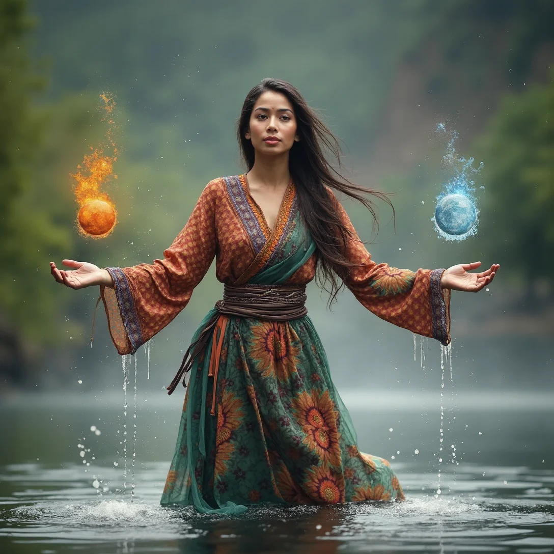 professional photograph. highly detailed.
45yo akhovia woman in traditional clothes standing in water and praising (the_wind | the_water | the_fire | the_earth) with a gesture that conjures up the four elements in a explosion of the elements.