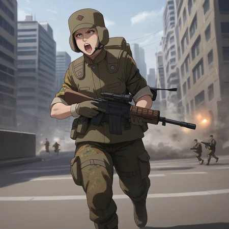 score_9, score_8_up, score_8, solo, adult, <lora:Zeon_Soldier_Mobile_Suit_Gundam_Pony_SDXL:1>, zeon soldier, uniform, 1 woman, standing, gloves, city, holding gun, rifle, running, yelling