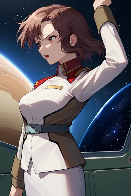 score_9, score_8_up, score_7_up, score_6_up, source_anime, BREAK 1girl, solo, <lora:murrue-pdxl-nvwls-v1-000005:1> murrue ramius, brown hair, white uniform, belt, white skirt, pantyhose, breasts, outer space, indoors, space station, serious, open mouth, from side, raised arm