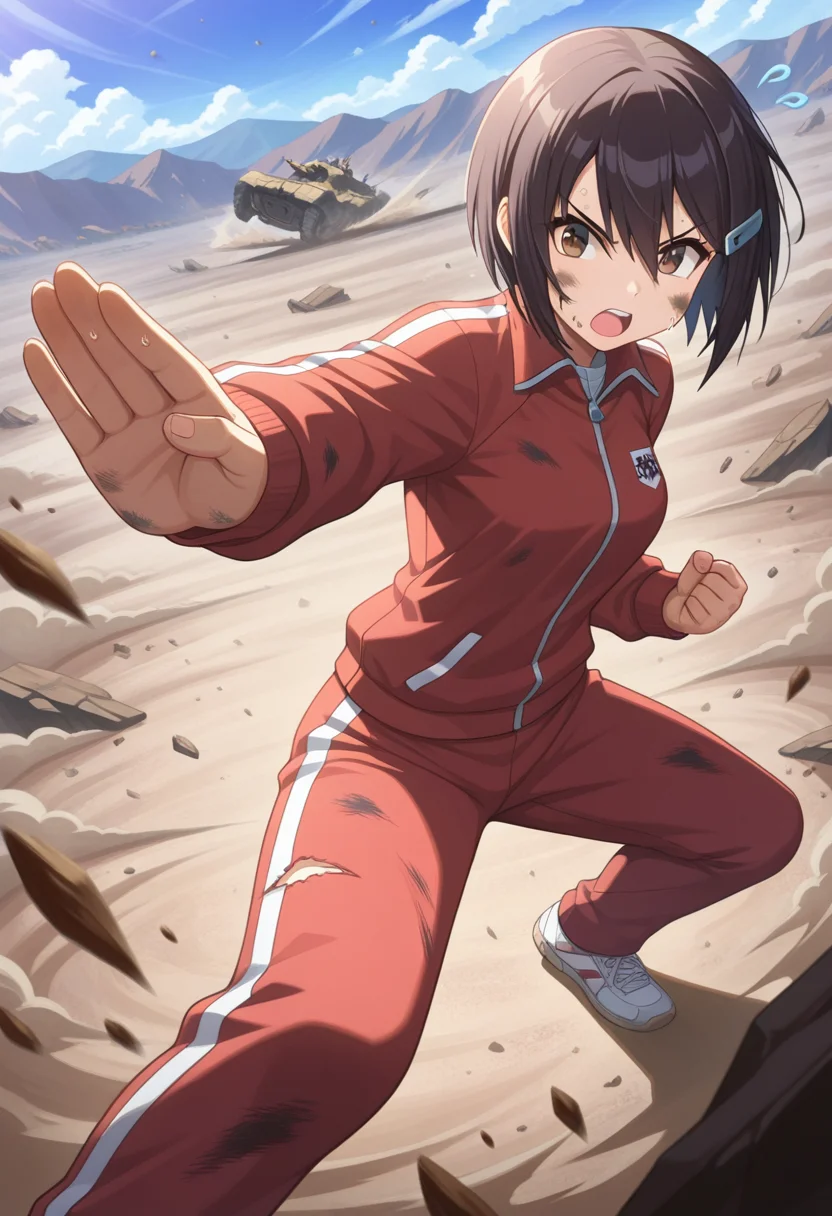 masterpiece, best quality, amazing quality, 1girl, solo, mawariww, brown eyes, black hair, short hair, hair between eyes, hairclip, track jacket, track pants, <lora:Zenigata_Mawari_Seto_no_Hanayome_ill_v20:0.8>, (fighting stance, dynamic action pose:1.3), (intense movement, mid-action, leaping:1.2), (outdoors, battlefield, rugged terrain, fantasy), (dust clouds, debris, flying particles), (dirty, smeared dirt, dirty face, dirty clothes, torn clothes), serious, open mouth, teeth, upper teeth only, (sweat, flying sweatdrops), dynamic perspective, cinematic angle, skindentation, detailed clothing folds, depth of field, sharp, high contrast, dynamic light