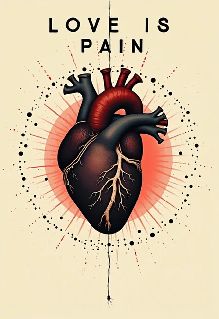 bauhaus poster, text "love is pain", absctract, visible dots,  anatomically correct heart