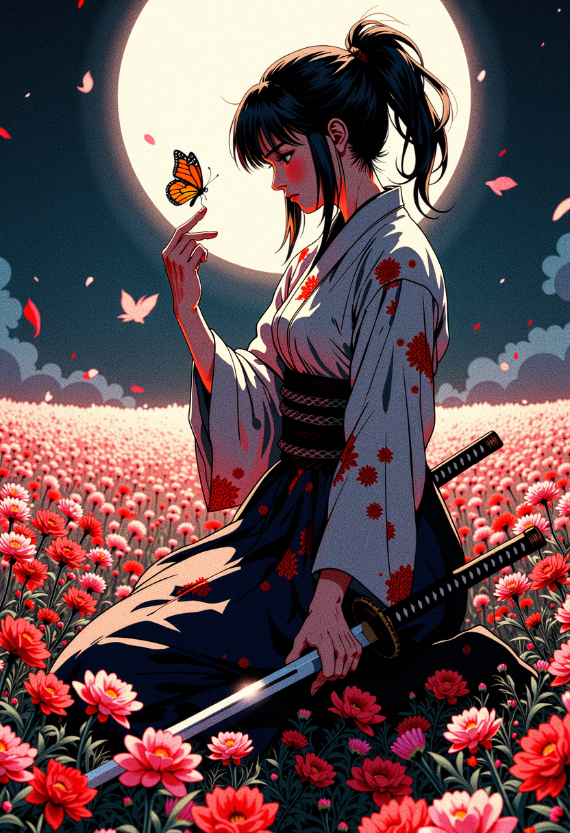 retro anime style, mythp0rt, vantablack, In the middle of an endless flower field under the cold light of the moon, a female samurai kneels on one knee, her once-pristine attire now tattered and soaked in blood. The fabric clings to her, stained and torn from battle, yet her spirit remains unbroken. Her expression reveals a poignant mixture of fragility and unwavering determination, as though balancing on the edge of despair and resolve. Resting across her knee is her bloodied katana, its presence heavy yet grounding. A single vibrant butterfly, out of place amidst the aftermath of violence, delicately lands on her outstretched finger, offering a fleeting moment of peace. The pale moonlight bathes the entire scene in a soft, silvery glow, casting long shadows over the sea of flowers swaying gently in the night breeze <lora:FluxMythP0rtr4itStyle:0.45> <lora:Halftone_Flux:0.25> <lora:RetroAnimeFluxV1:0.8>  <lora:- Flux1 - vanta_black_V2.0:0.5>