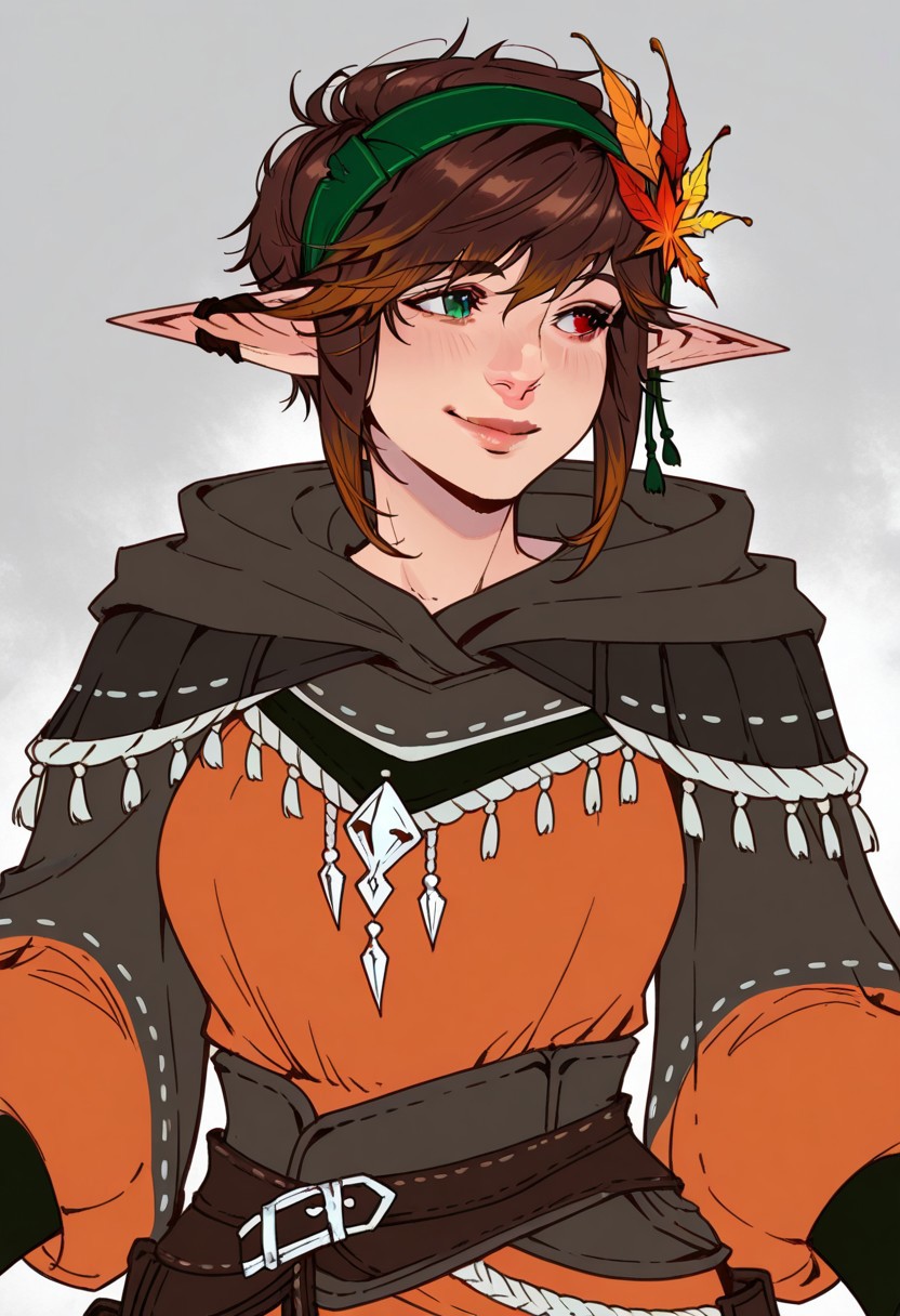 best quality, detailed face, detailed eyes
masterpiece, best quality, very aesthetic
by val
\
1girl, bridal gauntlets, brown hair, cloak, elezen, elf, gloves, green eyes, grey background, hair ornament, hairband, heterochromia, hood, hood down, leaf hair ornament, lips, looking to the side, orange shirt, pointy ears, red eyes, short hair, smile, solo, upper body, warrior of light \(ff14\)