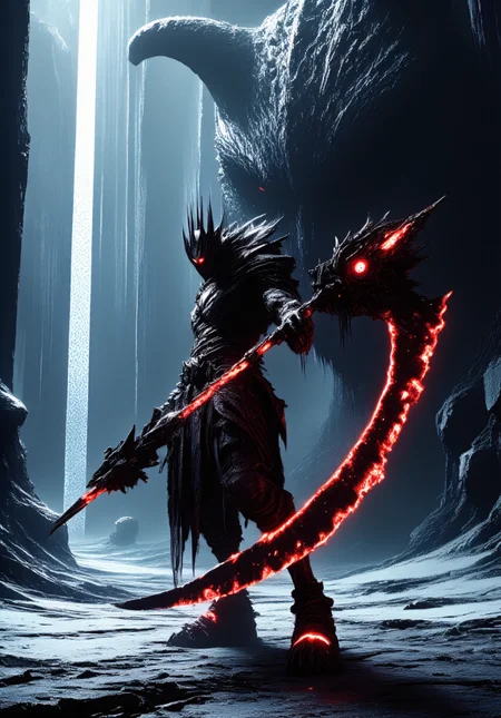 zenthros. The image is a highly detailed, vibrant digital artwork featuring a futuristic, gothic-inspired male warrior standing in a dramatic, icy wasteland. The warrior, a tall figure with a slender, athletic build, is dressed in futuristic armor that blends medieval and sci-fi elements. The armor is predominantly black with red accents, featuring sharp, angular plates and glowing neon red highlights. The warrior wears a wide-brimmed, pointed hat with a black, pointed top and a silver lining, adding to the mystical, gothic aesthetic. The warrior's face is obscured by a helmet with a visor. They hold a huge and massive, curved scythe-like weapon so massive that it looks far too heavy to carry, with a glowing red blade and a dark, mechanical handle, adorned with glowing red accents. In the background, the frozen landscape stretches toward a massive, ancient dragon head, partially buried in ice, its hollow eye sockets and razor-sharp teeth adding an eerie, mythical presence to the scene.