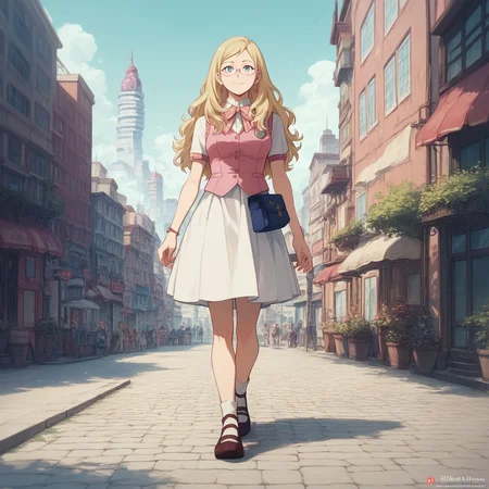 <lora:SlimesMelissaShield:1>, score_9, score_8_up, score_7_up, slimes_melissashield, woman, solo, glasses, blue eyes, smile, pink vest, full body shot, city background