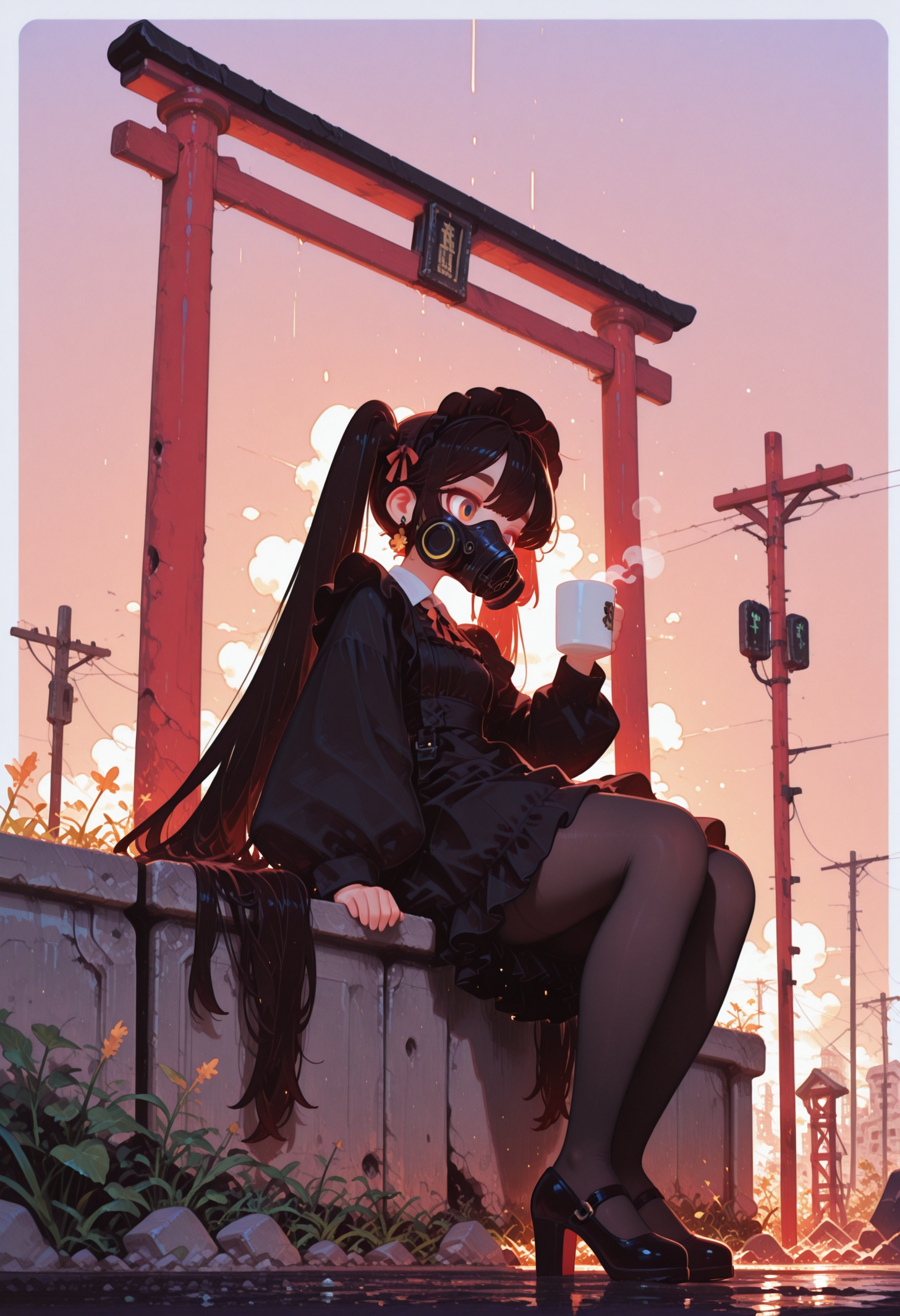 solo,, masterpiece, best quality,
((cinematic lighting)) ,
((full body shot)),
morning, atmospheric
,
(from below,
from side, side shot
),
1girl,
sitting on victorian couch, legs crossed ,
very long hair, twintails ,
bangs above eyebrows ,
ultra detailed eyes, (flat chest), [[[abs]]],
thick eyebrows
,wearing dust respirator  ,
( decorative victorian black maid dress, frilled skirt, maid apron ),
pumps, sheer black tights  ,
skindentation, ((chubby thick legs), thick legs, chubby legs), thick calves,
,
backlighting ,
dynamic perspective,
BREAK
holding cup of coffee, hand up
,
(simple background), simple gradient pastel khaki  background with white border,
field with abandon ruins in  background
in front of wall ,  after rain , electric poles ,light particles ,many red torii gates in background
,
fl4t, flatline, vector style
,
,
<lora:sdxl_turbo_weghts_beta_v0_1_0:0.95>
<lora:fl4t:1.5>
, , , ,
,
,