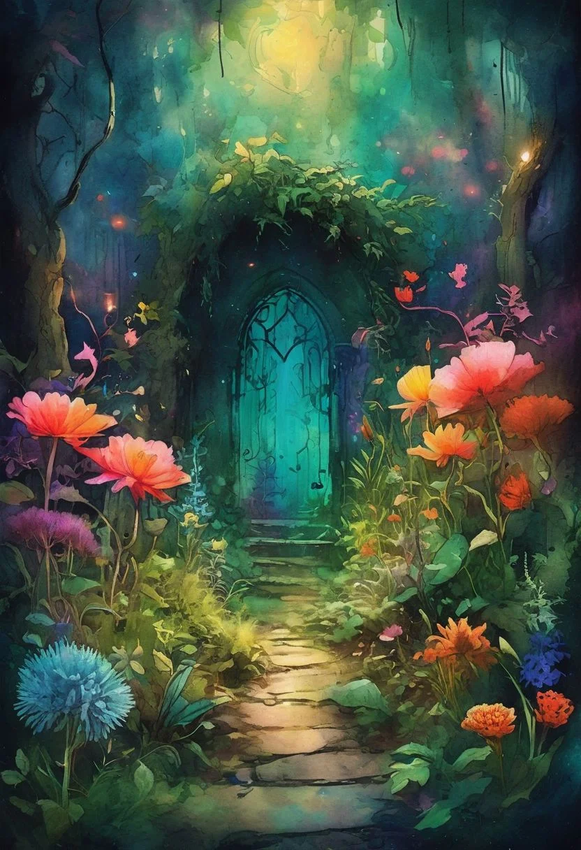 A secret garden, hidden within an enchanted forest, where every flower and herb holds magical properties. Guardians of nature defend this sacred place from those who would misuse its power.,
the scene is captured in dimly lit dark fantasy but vibrant colors, with bold ink lines defining form against the watercolor wash of the aged paper
