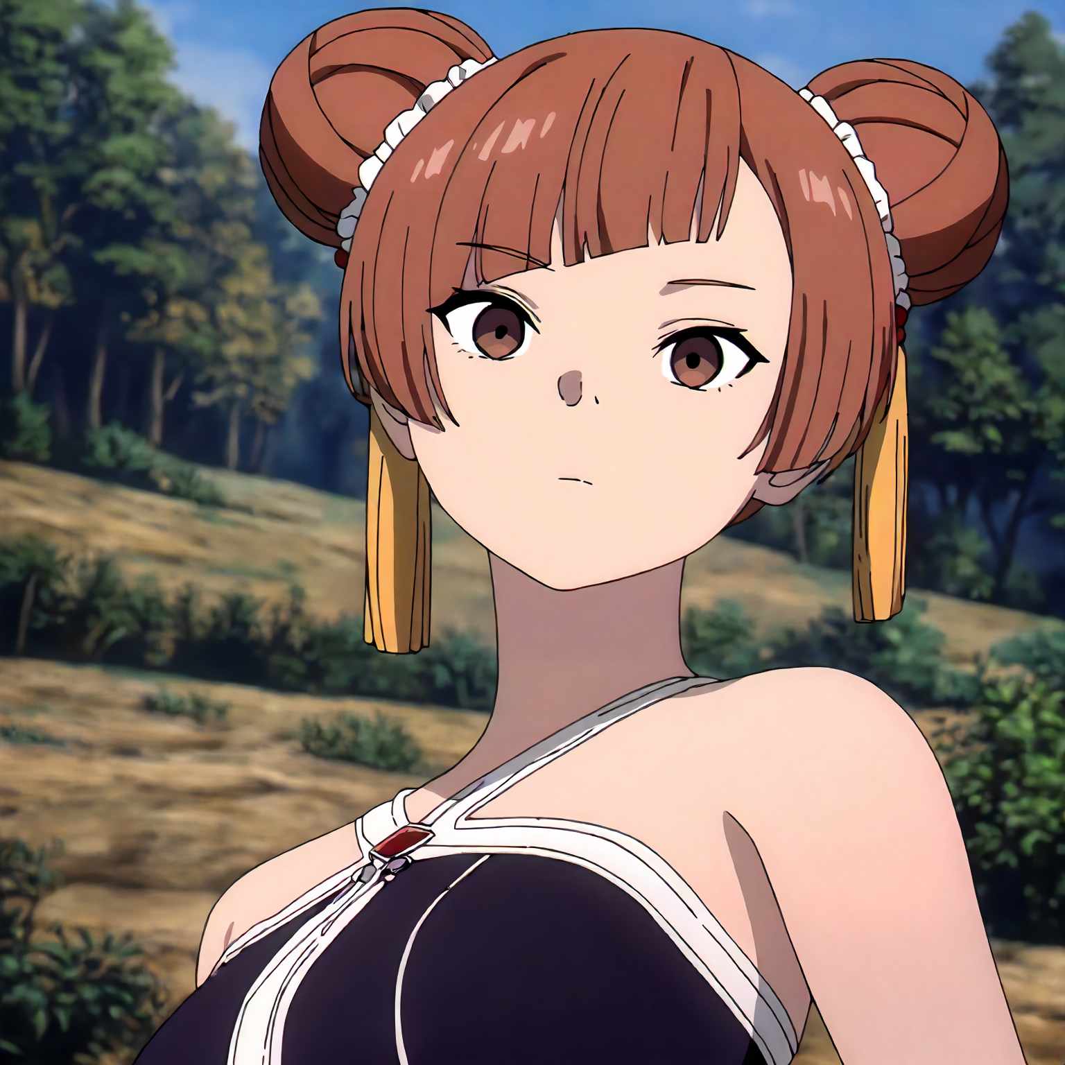 <lora:FBJE_LaufenXLIllustrious008>,
masterpiece,best quality,good quality,newest,
detailed background,nature,blue sky,glitter,
looking at viewer,
solo,
Laufen,1girl,brown hair,short hair,double bun,brown eyes,yellow hairornament,
black dress,bare shoulders,
upper body,
standing,