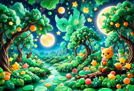Sinoink, score_9, score_8_up, score_7_up, score_6_up, 1girl, chibi, sitting on candy tree branch , made out of jade, fresh, refreshing iridiscent, night sky, candy moon, candy stars, magical orchard , bokeh, midjourneyv6.1