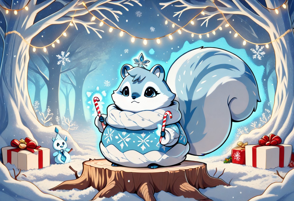 Animal Christmas, masterpiece, best quality, Amidst a snowy woodland blanketed in shimmering frost, a gathering of charismatic woodland creatures celebrates Christmas in a whirlpool of festive chaos. At the center, a raccoon dressed as Santa wrestles with an overstuffed sack spilling gifts, while a fox in a tacky holiday sweater hangs precariously from a string of glowing fairy lights. A squirrel, wielding candy canes as drumsticks, enthusiastically bangs on a drum fashioned from a tree stump. The entire scene glows with an otherworldly charm, as soft, dreamy light streams through frost-covered branches. Laughter and merriment seem to echo in this enchanting masterpiece of surreal holiday cheer.