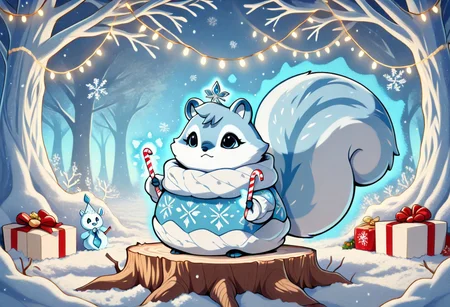 Animal Christmas, masterpiece, best quality, Amidst a snowy woodland blanketed in shimmering frost, a gathering of charismatic woodland creatures celebrates Christmas in a whirlpool of festive chaos. At the center, a raccoon dressed as Santa wrestles with an overstuffed sack spilling gifts, while a fox in a tacky holiday sweater hangs precariously from a string of glowing fairy lights. A squirrel, wielding candy canes as drumsticks, enthusiastically bangs on a drum fashioned from a tree stump. The entire scene glows with an otherworldly charm, as soft, dreamy light streams through frost-covered branches. Laughter and merriment seem to echo in this enchanting masterpiece of surreal holiday cheer.