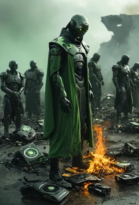depiction of a gathering of standing (nvidia graphics-cards:1.2) mechanical cyborgs in green and black robe and computer surrounding and mourning their fallen burning graphics-card friend on a smoldering battlefield, sad mass, atmospheric, crying, chip, plastic, fan, epic, cinematic, depressing, atmospheric, perfect composition, deep shadows, last salute, farewell, film grain