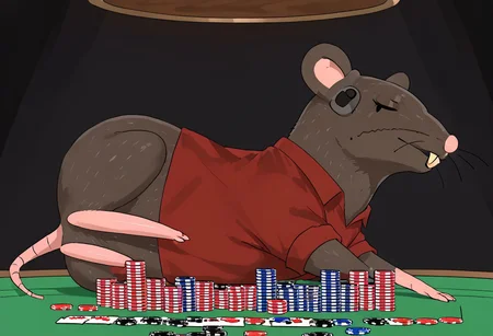 1boy, rat, furry, feral, brown fur, rat tail, pink hands, pink feet, buckteeth, red shirt, lying on a poker table, sexy pose Expressiveh
Expressiveh