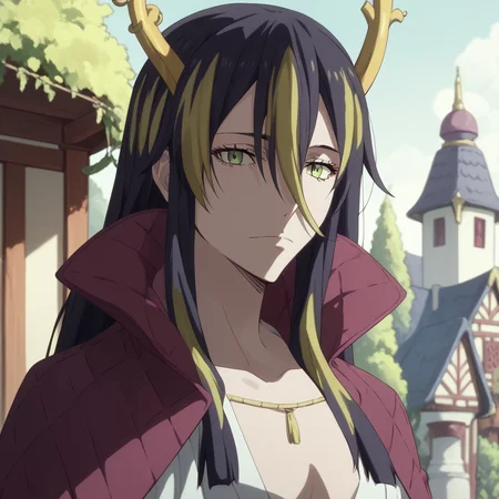 <lora:SlimesAlbis:1>, score_9, score_8_up, score_7_up, slimes_albis, hair between eyes, portrait, mythical village background