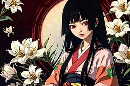 enma ai, hair down, hair black, bangs, eyes red, masterpiece, best quality, ultra-detailed, illustration, 1girl, solo, highres, photorealistic, ultra high res, (Original illustration composition), (fusion of limited color,Maximalism artstyle, kimono fashion, double exposure, background, illustration, Amazing, lily spider