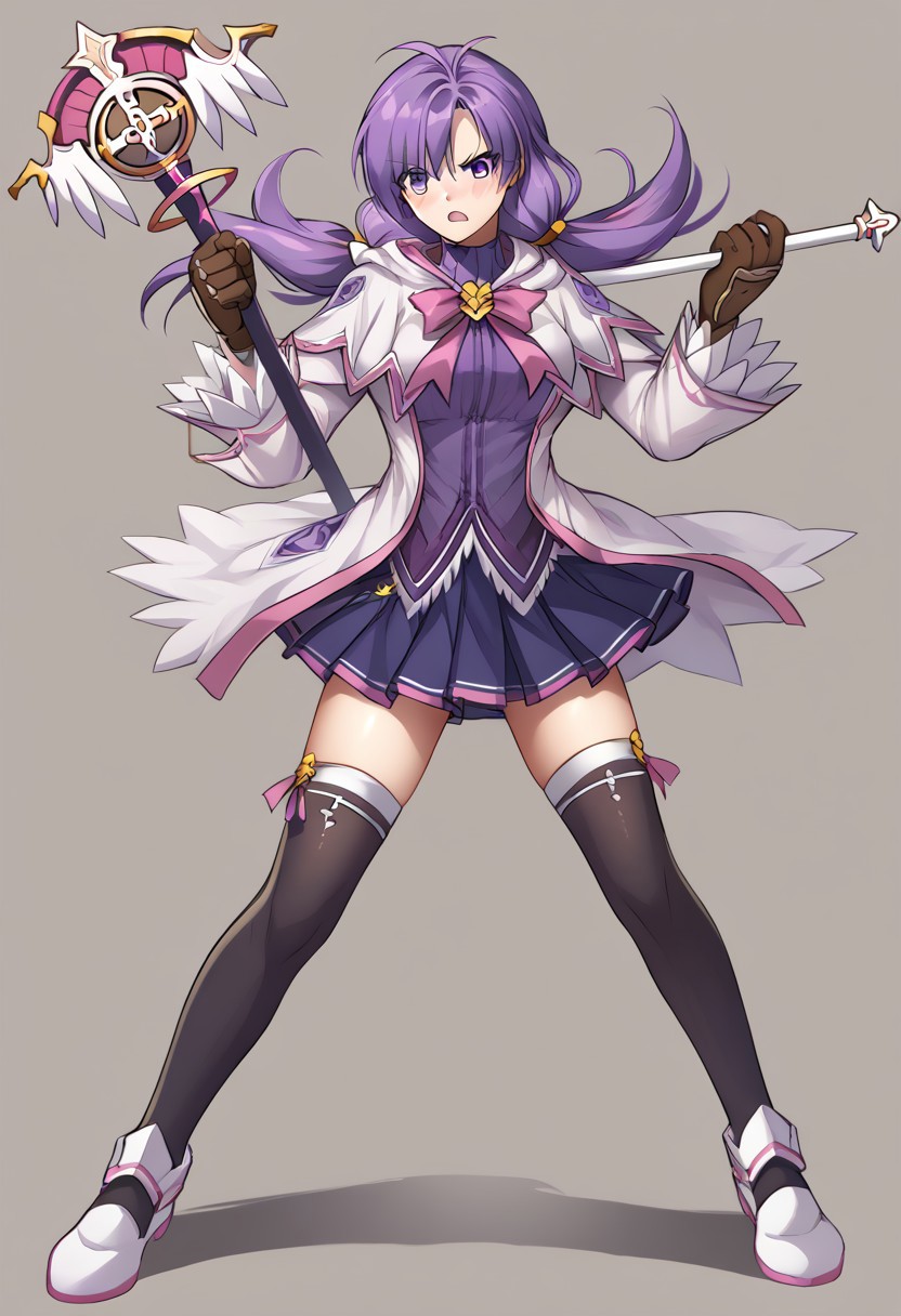 score_9, score_8_up, score_7_up, source_anime, good anatomy, 1girl, solo, AishaEM, purple eyes, purple hair, low twintail, brown leather gloves, white and pink coat, pink bow, dark purple shirt, purple and pink miniskirt, pleated skirt, black thighhighs, white and pink shoes, medium breasts, tall girl, full body, standing, spread legs, glare, fighting stance, staff, holding, holding staff, frowning, open mouth, blushing