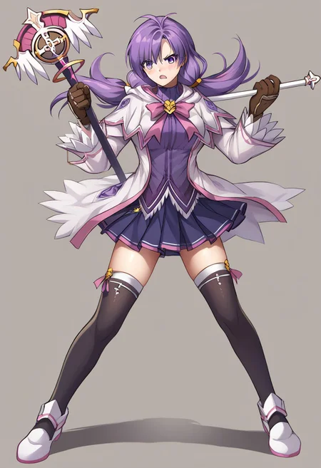 score_9, score_8_up, score_7_up, source_anime, good anatomy, 1girl, solo, AishaEM, purple eyes, purple hair, low twintail, brown leather gloves, white and pink coat, pink bow, dark purple shirt, purple and pink miniskirt, pleated skirt, black thighhighs, white and pink shoes, medium breasts, tall girl, full body, standing, spread legs, glare, fighting stance, staff, holding, holding staff, frowning, open mouth, blushing
