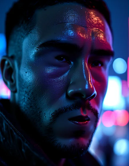 A ral-smlfcs manâs face with rain-soaked skin, organic metallic lines subtly embedded in his features, reflecting the neon lights of a futuristic city. The background is blurred with deep blues and purples, while high-contrast lighting emphasizes the damp textures. Shot with a 35mm lens for a cinematic feel.
<lora:ral-smlfcs-flux:1>