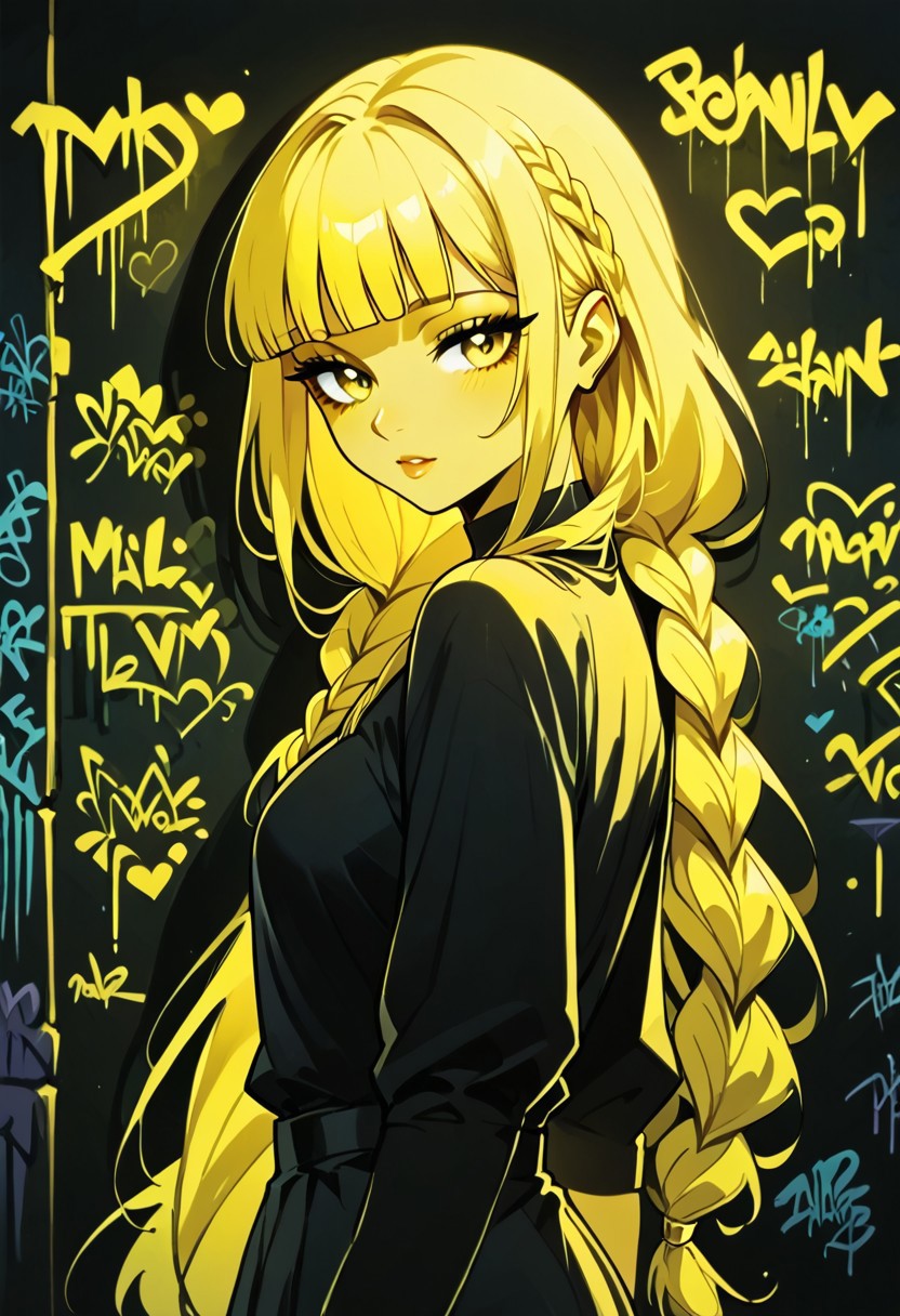 score_9, score_8_up, score_7_up,sexy pose,expressiveh,album cover,1girl,solo,long hair,braided ponytail,blunt bangs, blgStyle, black background,graffiti, flat lighting,yellow theme, yellow outline, white skin, monochrome,<lora:Blacklight_Graffiti_Style_Pony:1>  <lora:Expressive_H:0.8>