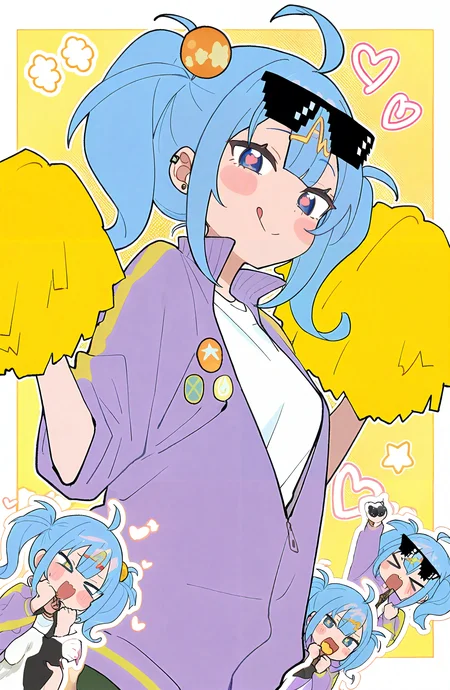 1girl, looking_at_viewer, blush, smile, blue_eyes, shirt, hair_ornament, holding, closed_mouth, twintails, blue_hair, jacket, white_shirt, ahoge, heart, symbol-shaped_pupils, blush_stickers, sunglasses, cat, >_<, eyewear_on_head, pom_pom_\(cheerleading\), purple_jacket