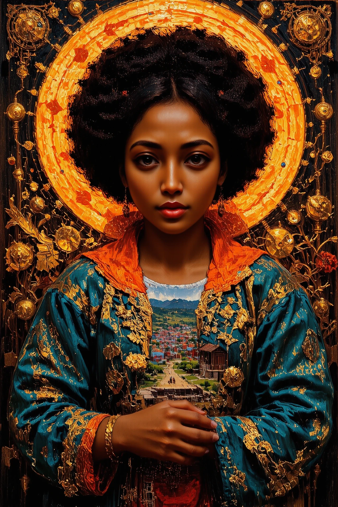 (refinery) Guinean noon, beautiful landscape, woman, intricate, very detailed, sharp, colorful, multilayer surreal painting,  <lora:Hand v2:1> <lora:Anti-Blur:1> <lora:Insane Detail Slider:0.5>   <lora:Flux.1_Turbo_Detailer:0.6> <lora:flux-photo-transparent_Alpha_1.0:0.8> <lora:flux.1_lora_flyway_Epic-detail_v2:0.6> <lora:Painterly01b_CE_FLUX_AIT:1> pntrlyCE_style, <lora:VividlySurreal:0.8>