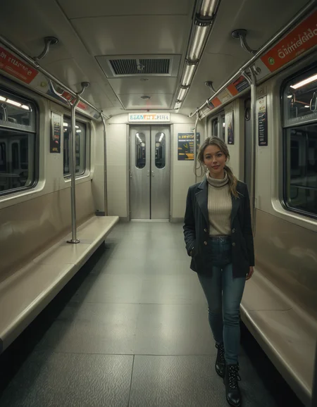 A modern subway train,Subw4y tr41n, in motion, with a single woman standing near the center of the train car, holding onto a shiny metal pole for balance as the train glides along the tracks. The woman is dressed casually yet stylishly, wearing a long black coat over a beige turtleneck sweater, paired with slim-fit jeans and ankle boots. Her hair is neatly tied back into a low bun, with a few loose strands framing her face. She has a thoughtful, calm expression, her gaze directed slightly downward as if lost in her own world. In her other hand, she holds a small tote bag, its strap looped over her wrist, with a paperback book peeking out from the top.
The subway car is clean but shows subtle signs of daily use. The walls are lined with muted gray panels, and the seats along the edges of the car are upholstered in a dark blue fabric, slightly faded from wear. Overhead, fluorescent lighting casts a bright, even glow across the interior, causing faint reflections on the polished floor, which is marked with the occasional scuff from commuters' shoes. Metal grab handles hang from above, gently swaying with the trainâs movement, and shiny steel poles are strategically placed throughout the car.
The windows on both sides reveal a blurry, motion-filled view of the dark subway tunnel, interspersed with flashes of graffiti-covered walls and dim utility lights. Above the windows, digital displays show the next stop in bright LED text, along with a route map that runs the length of the car. Small advertisements are mounted on the walls, showcasing everything from city events to product promotions, some with vibrant colors that add subtle contrast to the neutral tones of the train.
The atmosphere feels still and introspective, with the soft hum of the train and the occasional squeal of the wheels on the track. The train is sparsely occupied, with a few empty seats and subtle details like a forgotten coffee cup on one bench and a folded newspaper lying on the floor. The overall mood is quiet and reflective, capturing a moment of solitude and thoughtfulness during an ordinary subway ride.<lora:SDXLFaeTastic2400:0.4> <lora:extremely_detailed:0.4> extremely detailed, <lora:Subw4y_tr41n:1>, Masterpiece,best quality,hi res,8k,hi res,8k,award winning,(sharp focus, intricate, highly detailed),